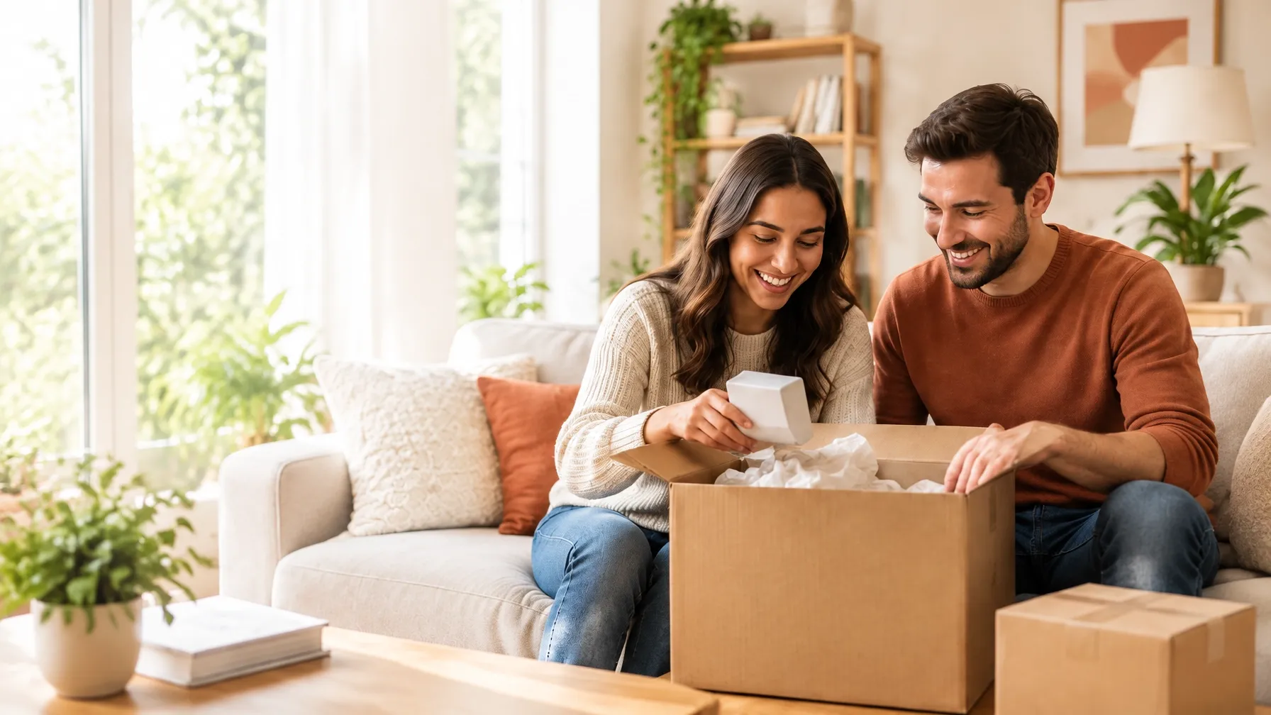 A couple enjoying a delivery together at home
